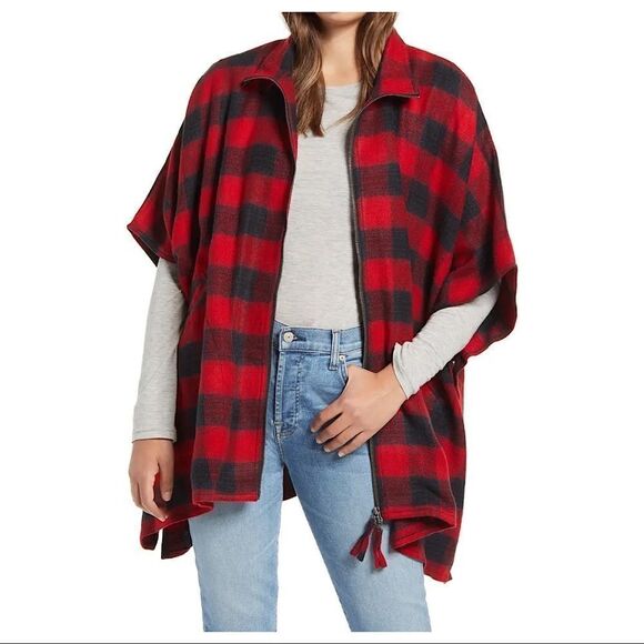 Treasure & Bond-Plaid One Size/Oversized Zip Front Cape - Picture 3 of 14
